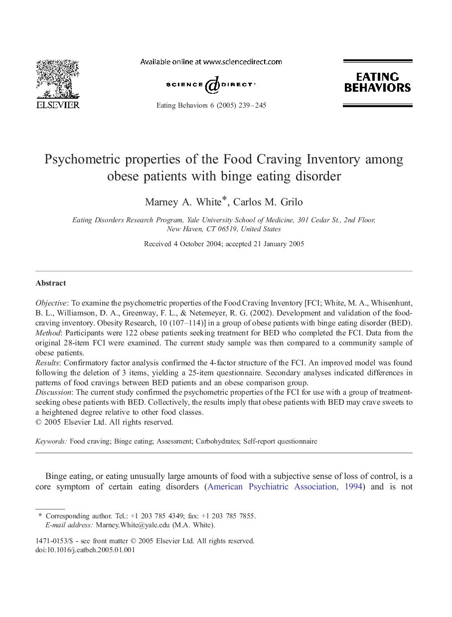 Psychometric properties of the Food Craving Inventory among obese patients with binge eating disorder