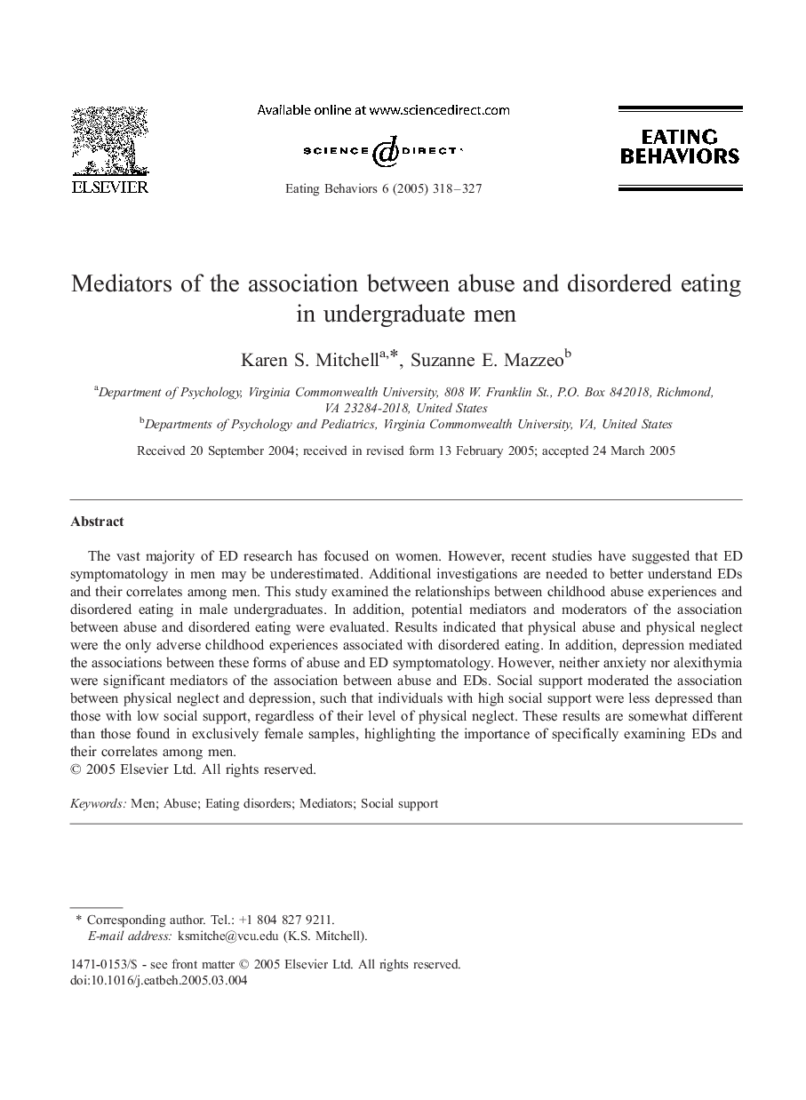 Mediators of the association between abuse and disordered eating in undergraduate men