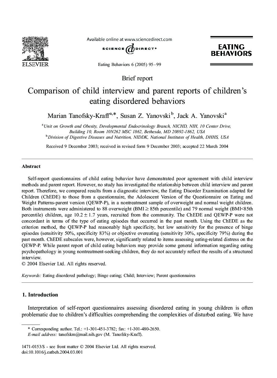 Comparison of child interview and parent reports of children's eating disordered behaviors