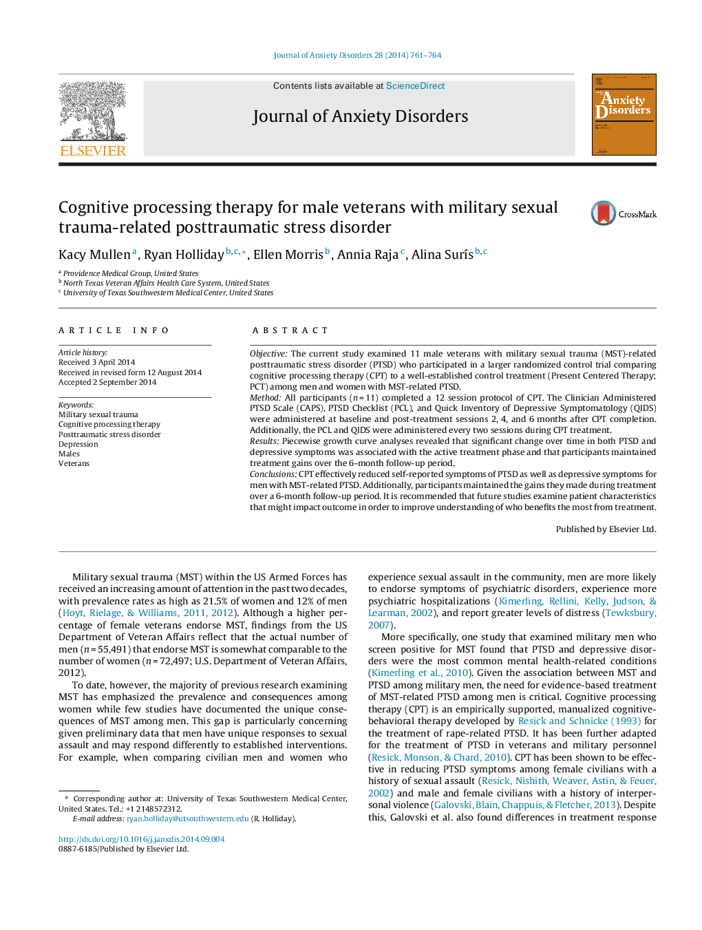 Cognitive processing therapy for male veterans with military sexual trauma-related posttraumatic stress disorder