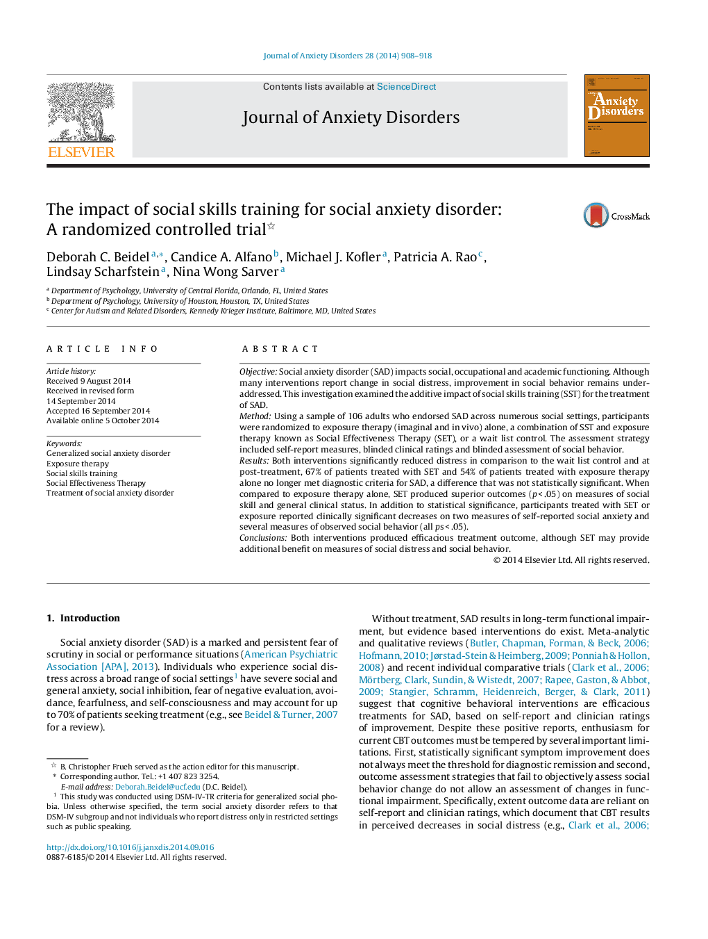 The impact of social skills training for social anxiety disorder: A randomized controlled trial