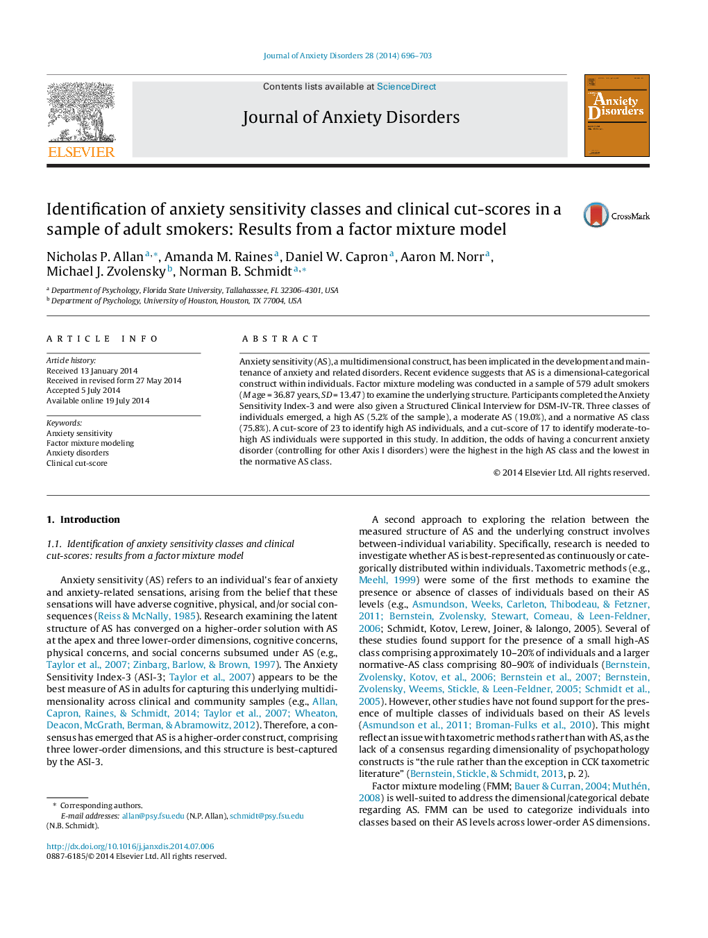 Identification of anxiety sensitivity classes and clinical cut-scores in a sample of adult smokers: Results from a factor mixture model