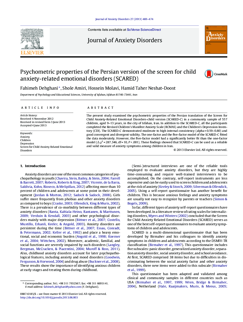 Psychometric properties of the Persian version of the screen for child anxiety-related emotional disorders (SCARED)