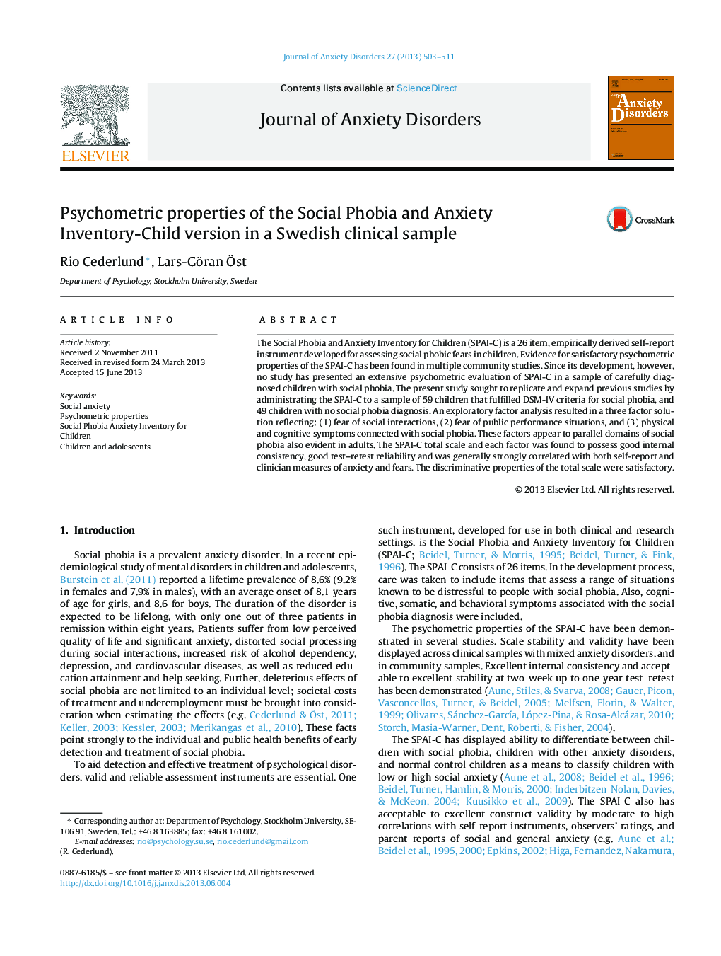 Psychometric properties of the Social Phobia and Anxiety Inventory-Child version in a Swedish clinical sample