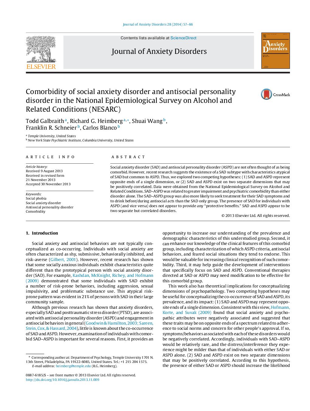 Comorbidity of social anxiety disorder and antisocial personality disorder in the National Epidemiological Survey on Alcohol and Related Conditions (NESARC)