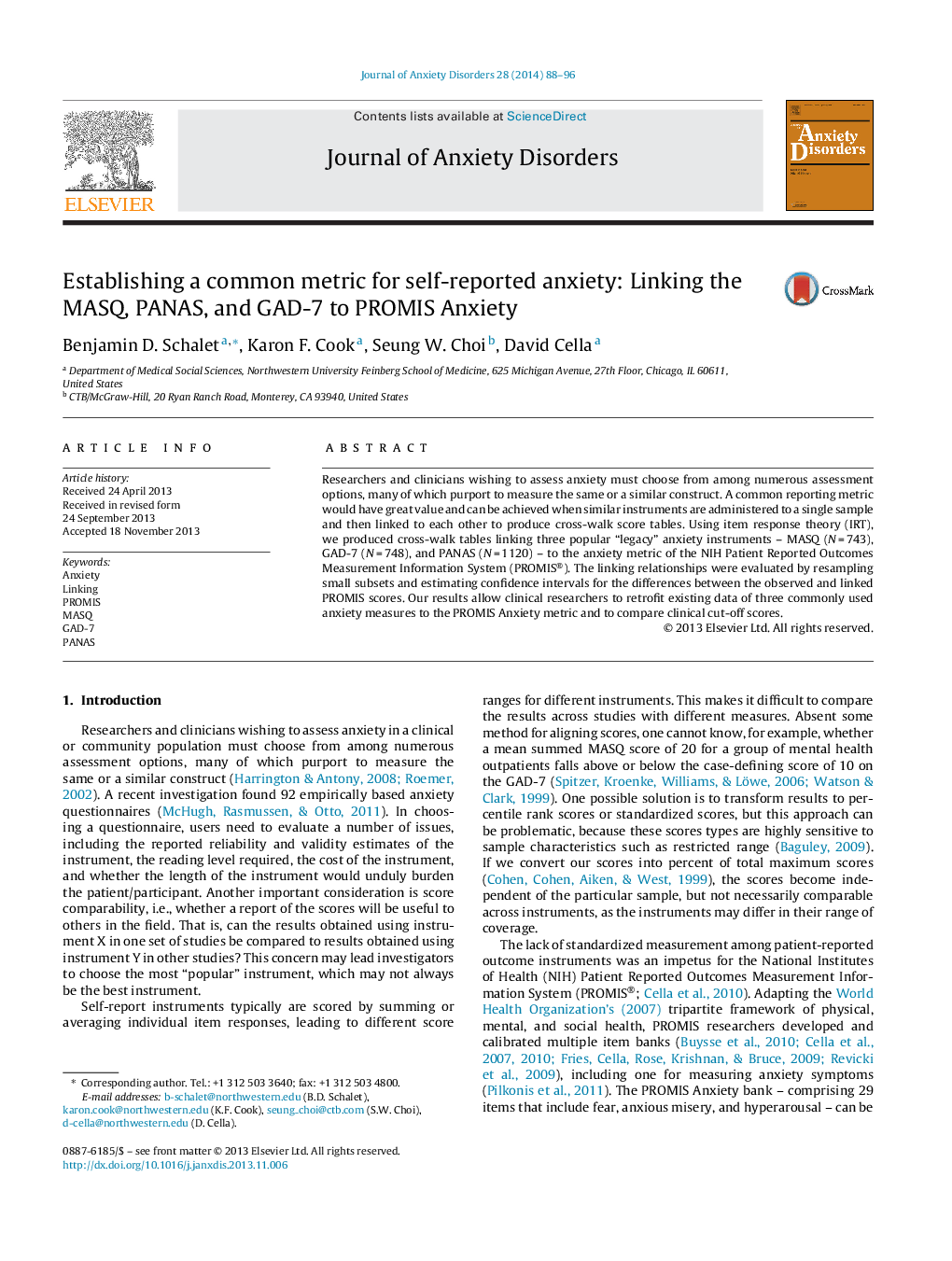 Establishing a common metric for self-reported anxiety: Linking the MASQ, PANAS, and GAD-7 to PROMIS Anxiety