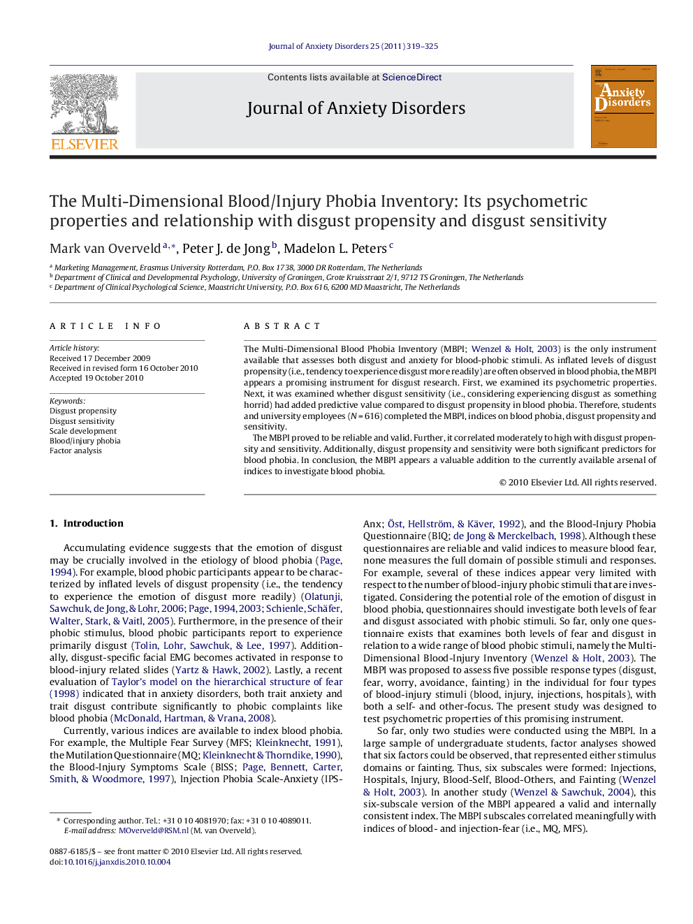 The Multi-Dimensional Blood/Injury Phobia Inventory: Its psychometric properties and relationship with disgust propensity and disgust sensitivity