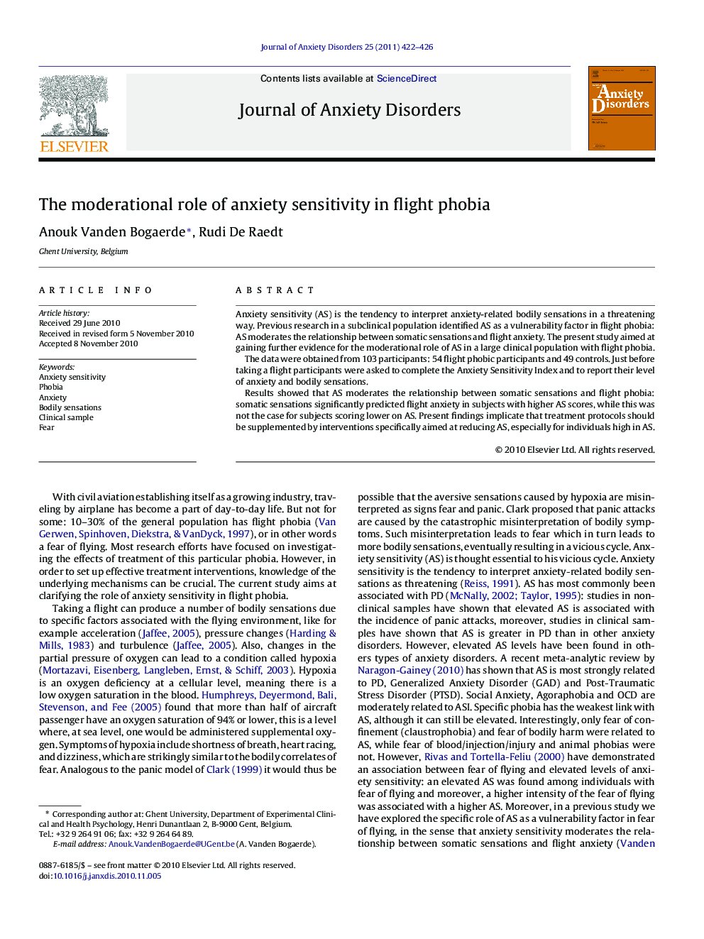 The moderational role of anxiety sensitivity in flight phobia