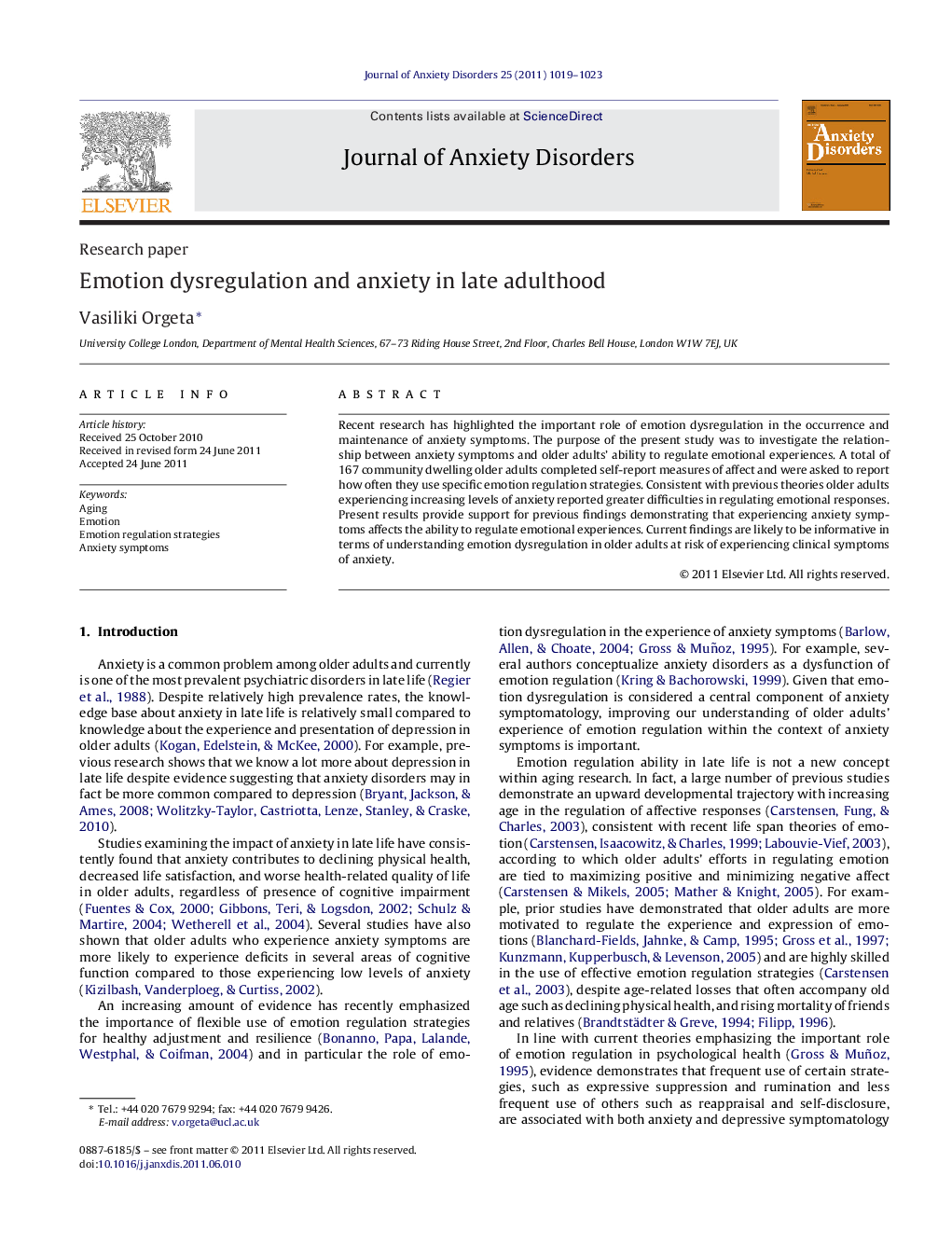 Emotion dysregulation and anxiety in late adulthood