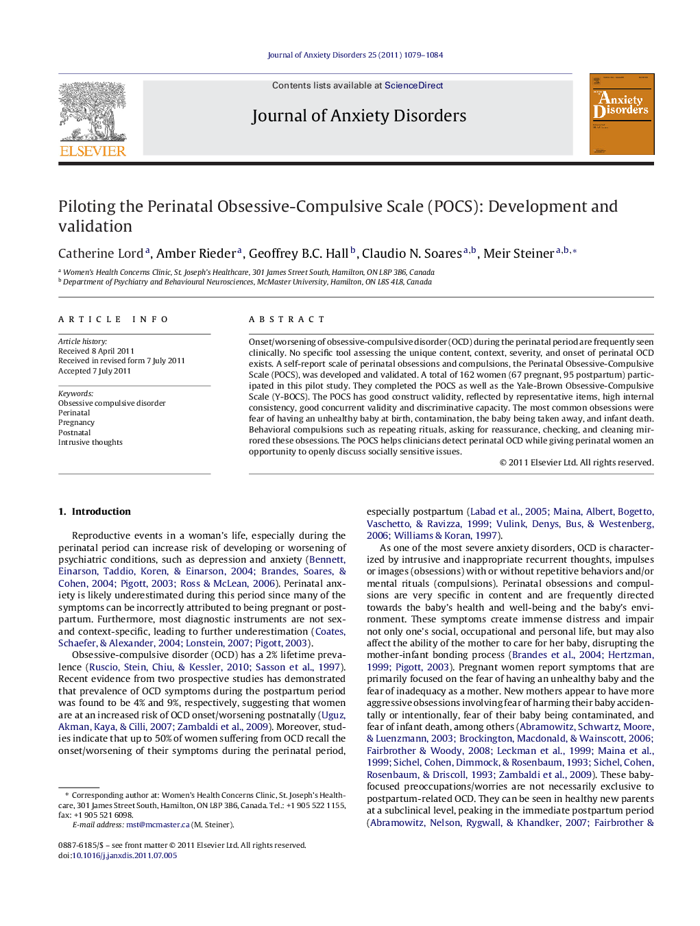 Piloting the Perinatal Obsessive-Compulsive Scale (POCS): Development and validation