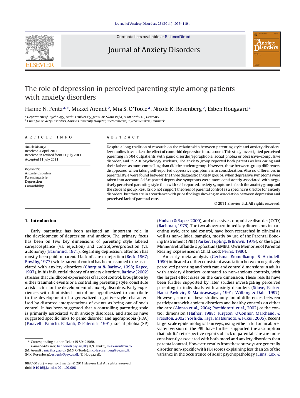 The role of depression in perceived parenting style among patients with anxiety disorders