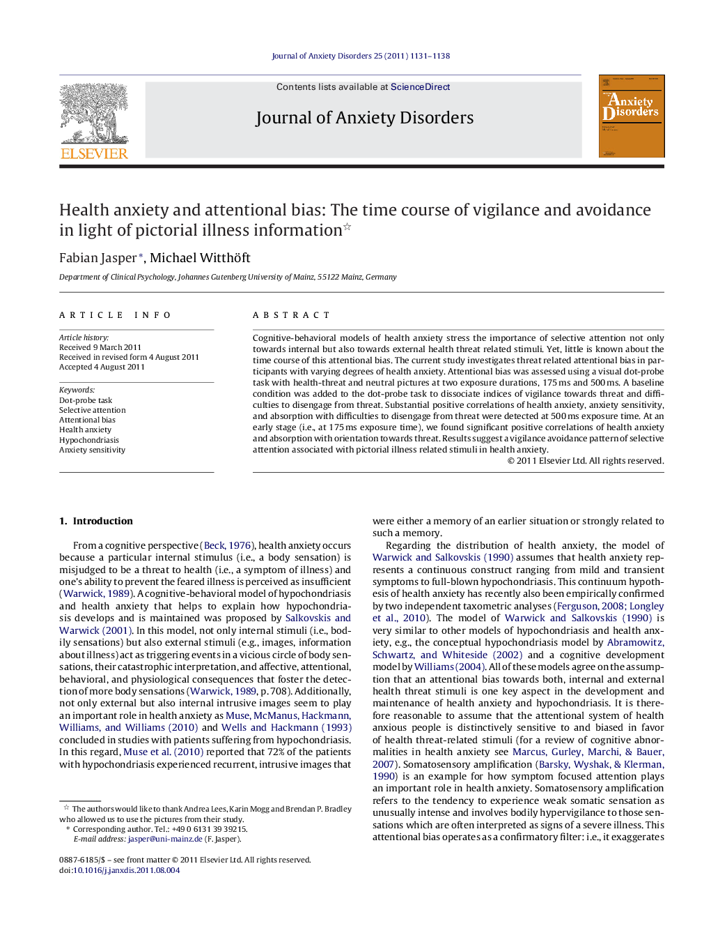 Health anxiety and attentional bias: The time course of vigilance and avoidance in light of pictorial illness information