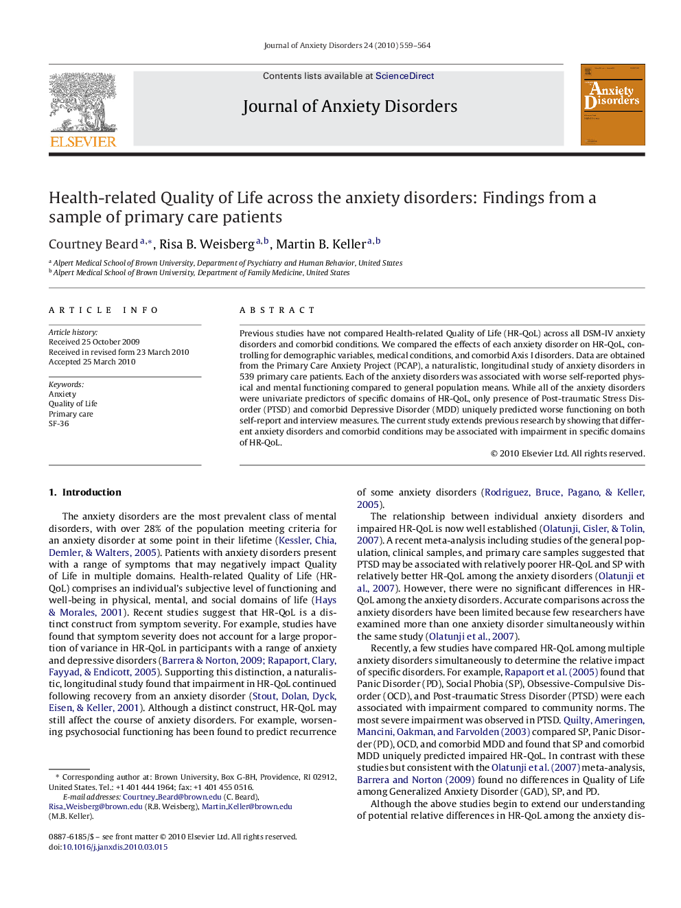 Health-related Quality of Life across the anxiety disorders: Findings from a sample of primary care patients