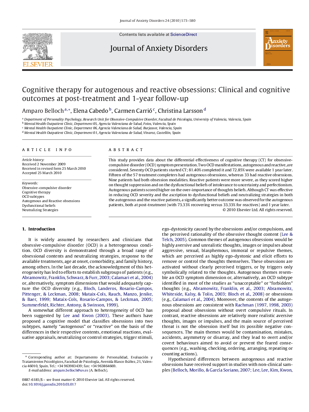 Cognitive therapy for autogenous and reactive obsessions: Clinical and cognitive outcomes at post-treatment and 1-year follow-up