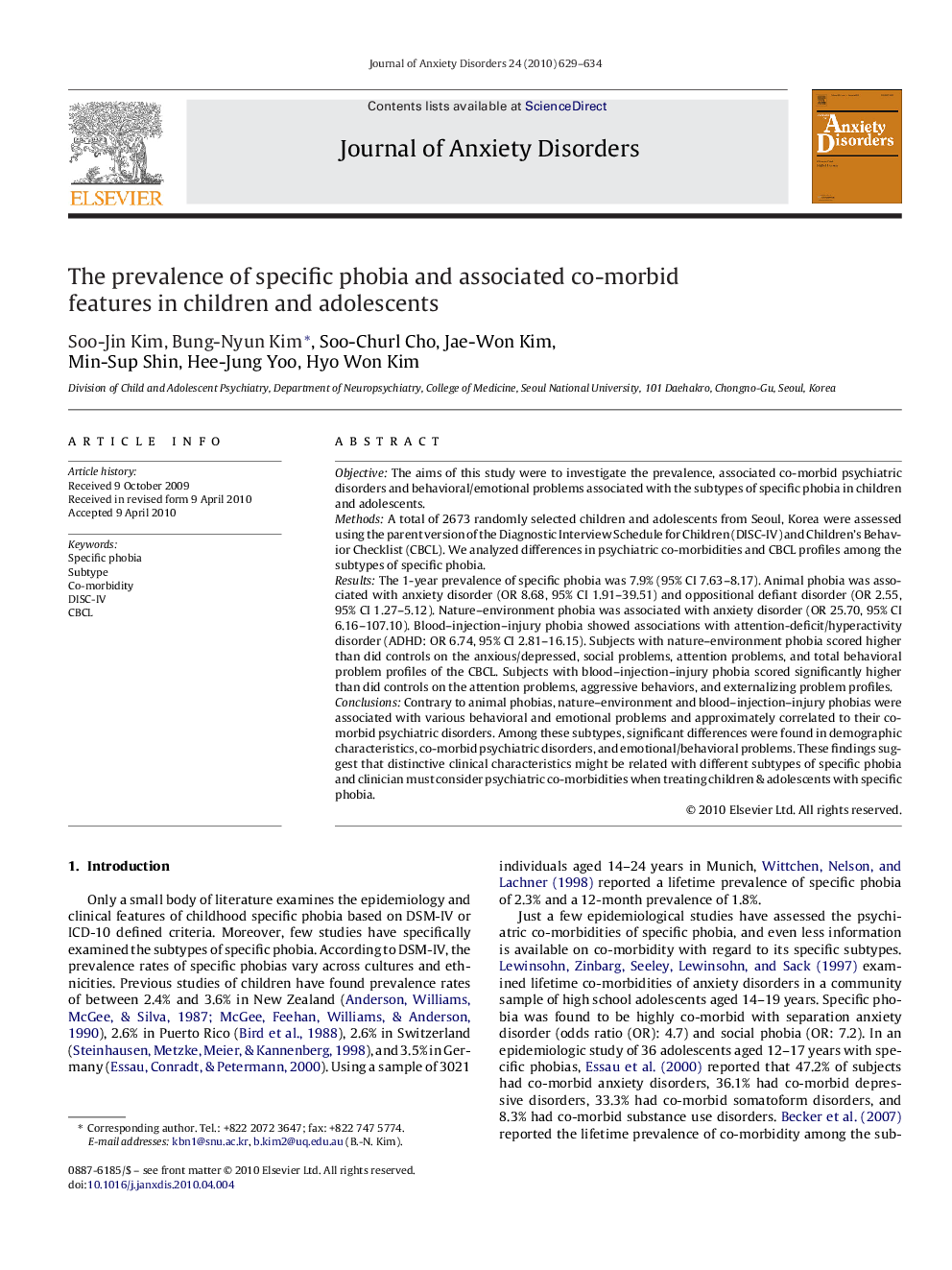 The prevalence of specific phobia and associated co-morbid features in children and adolescents