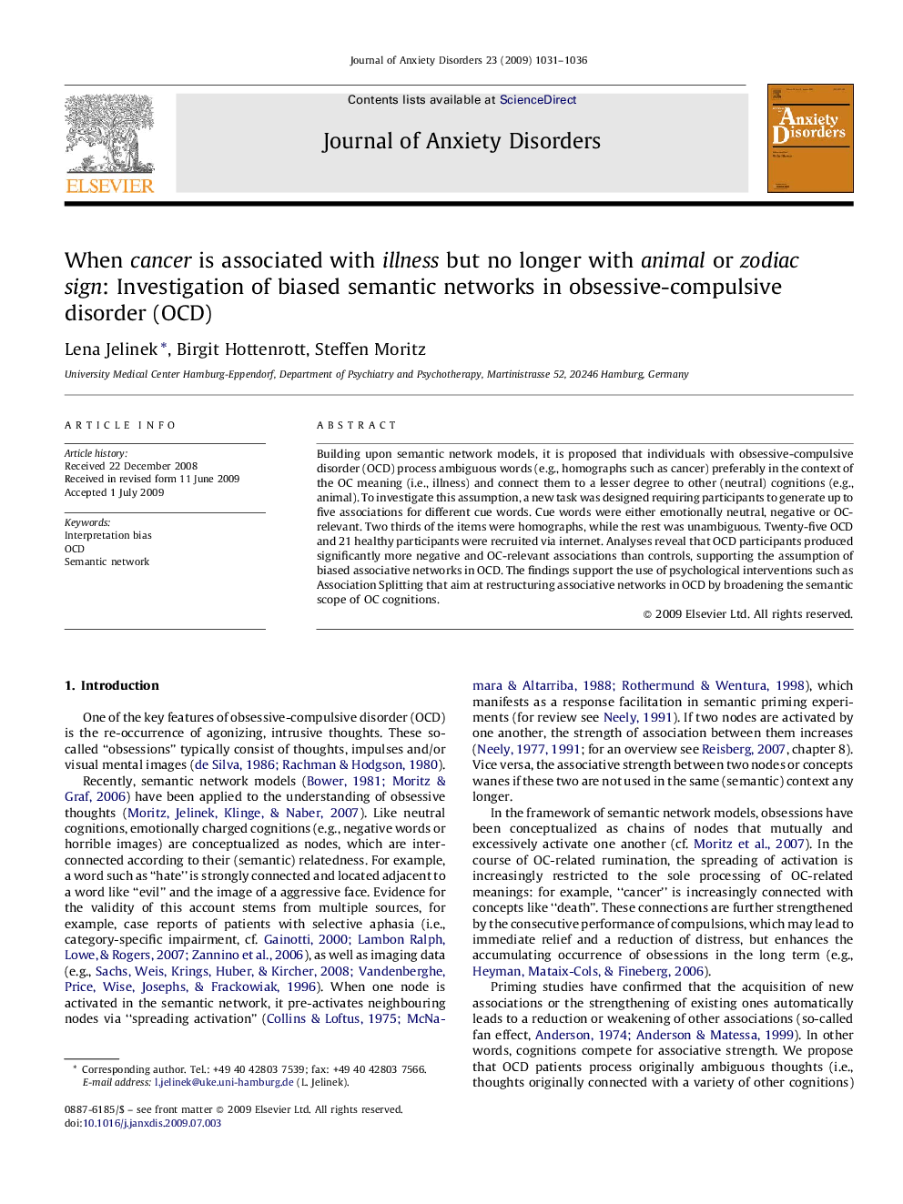 When cancer is associated with illness but no longer with animal or zodiac sign: Investigation of biased semantic networks in obsessive-compulsive disorder (OCD)