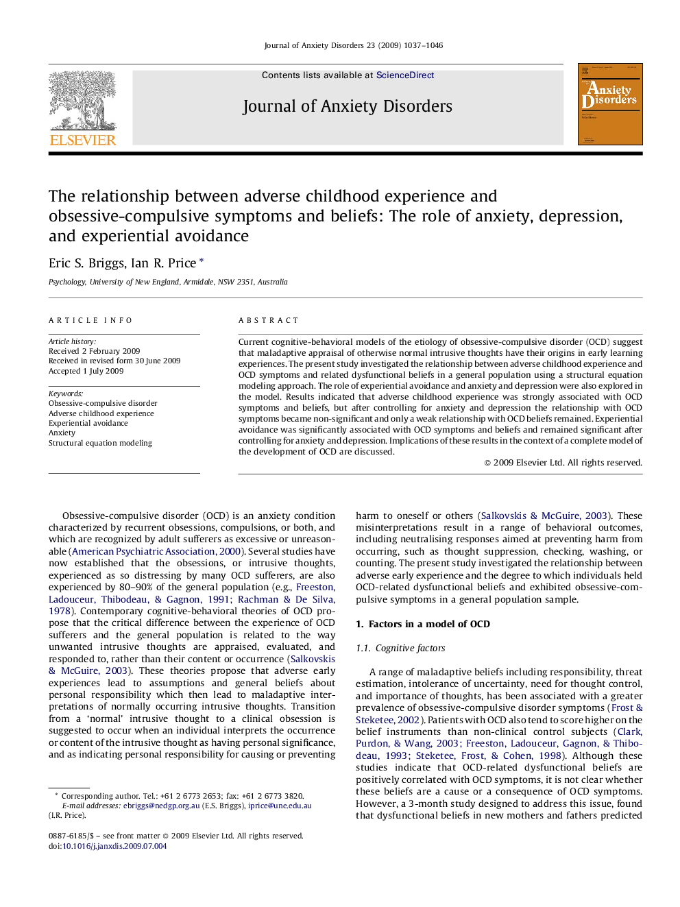 The relationship between adverse childhood experience and obsessive-compulsive symptoms and beliefs: The role of anxiety, depression, and experiential avoidance