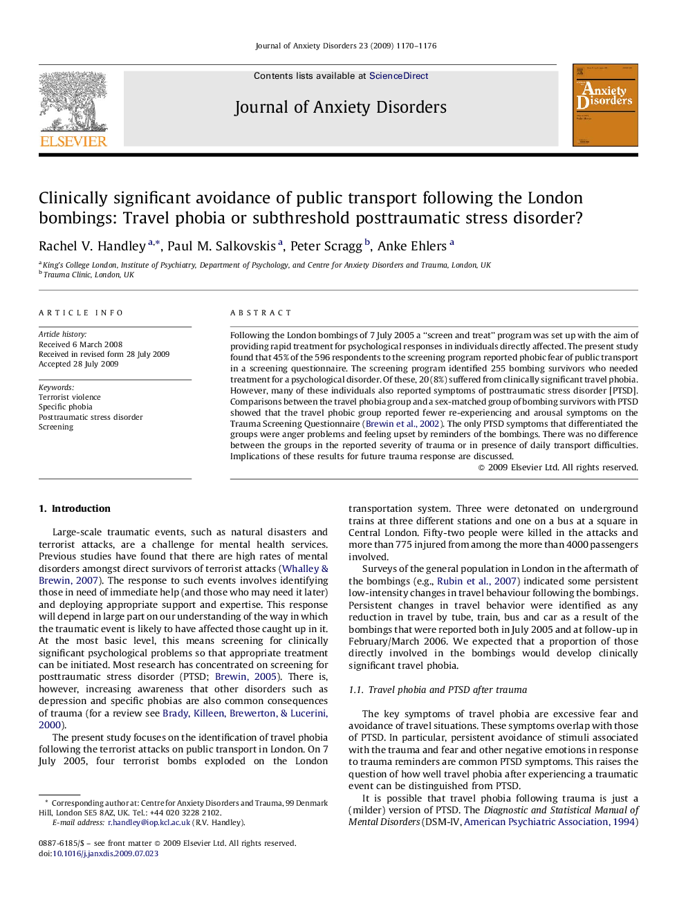 Clinically significant avoidance of public transport following the London bombings: Travel phobia or subthreshold posttraumatic stress disorder?