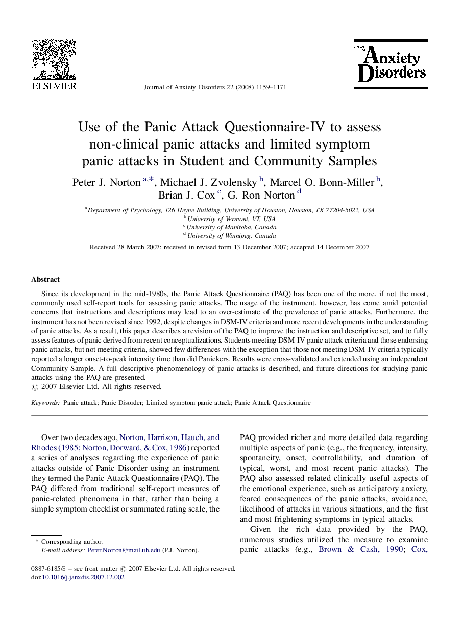 Use of the Panic Attack Questionnaire-IV to assess non-clinical panic attacks and limited symptom panic attacks in Student and Community Samples