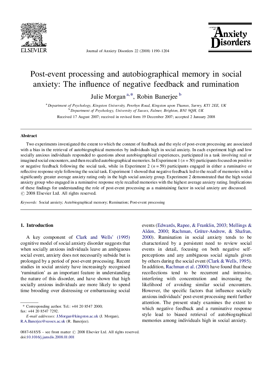 Post-event processing and autobiographical memory in social anxiety: The influence of negative feedback and rumination