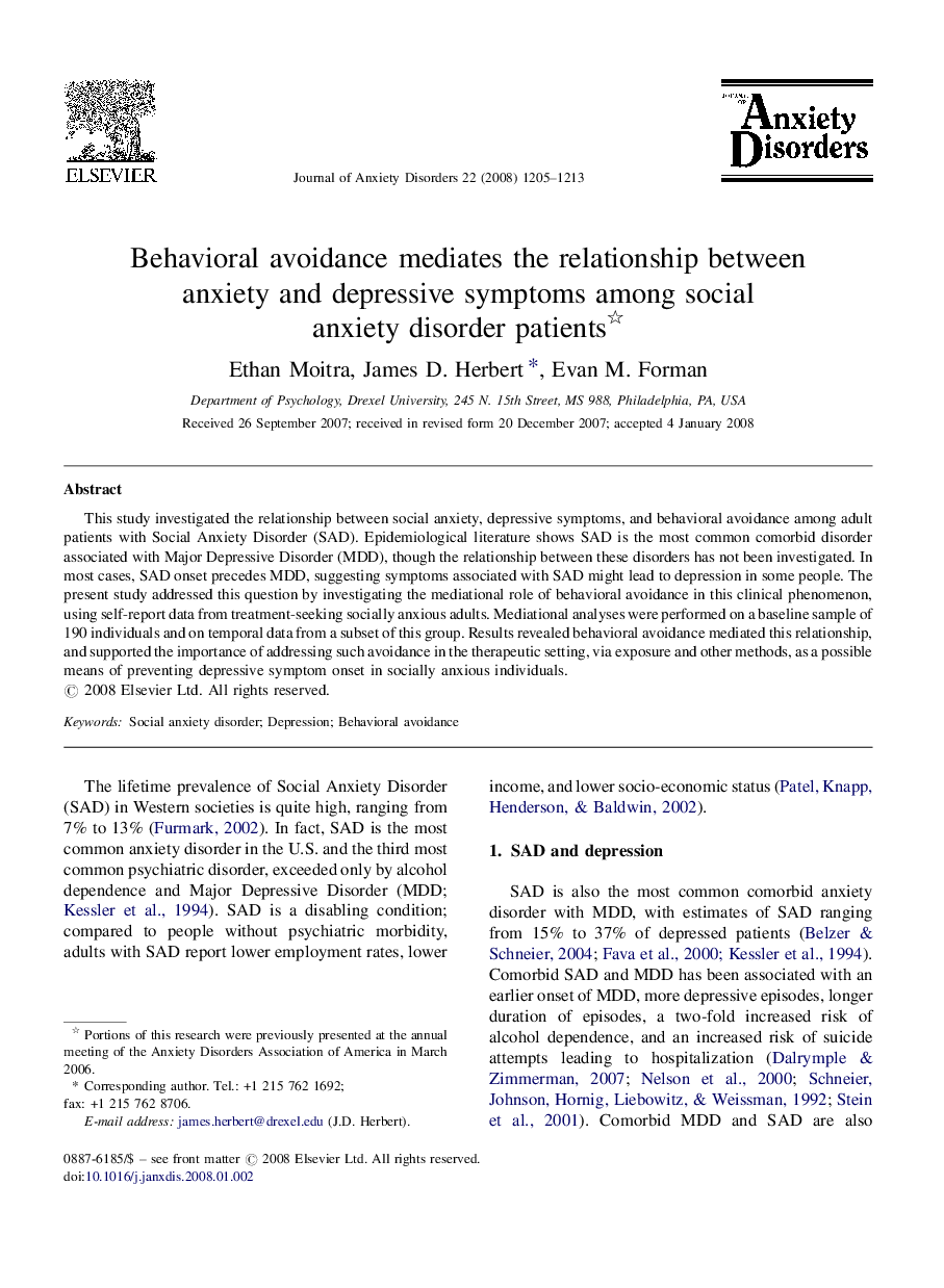 Behavioral avoidance mediates the relationship between anxiety and depressive symptoms among social anxiety disorder patients