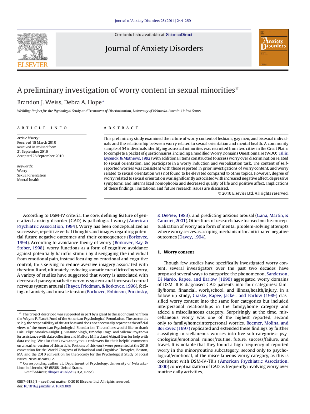 A preliminary investigation of worry content in sexual minorities