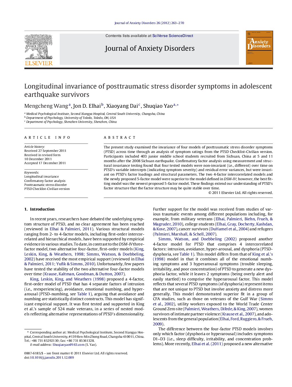 Longitudinal invariance of posttraumatic stress disorder symptoms in adolescent earthquake survivors