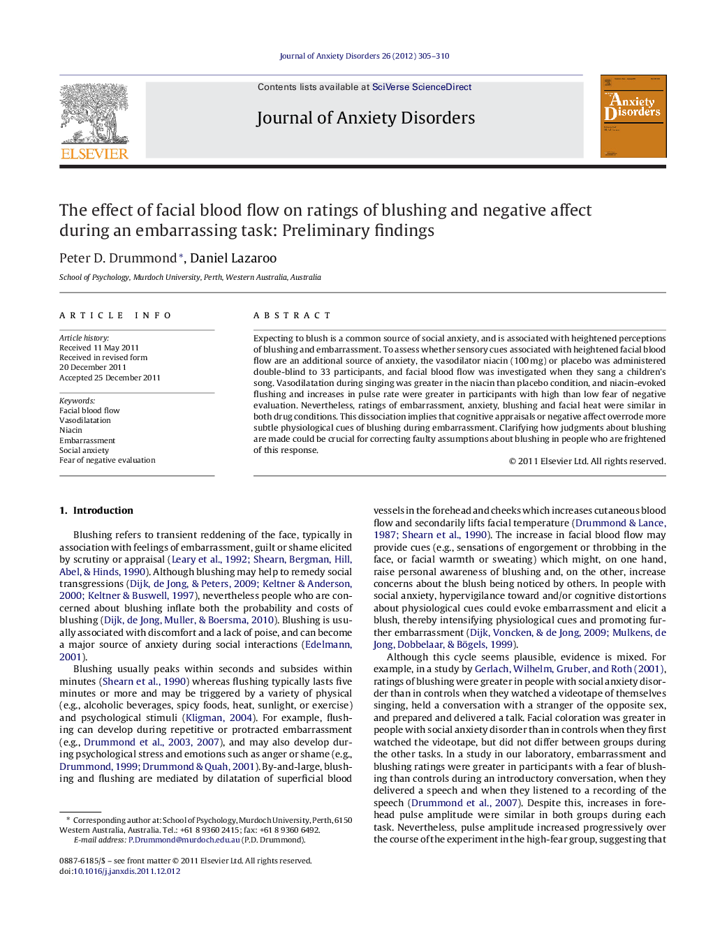 The effect of facial blood flow on ratings of blushing and negative affect during an embarrassing task: Preliminary findings