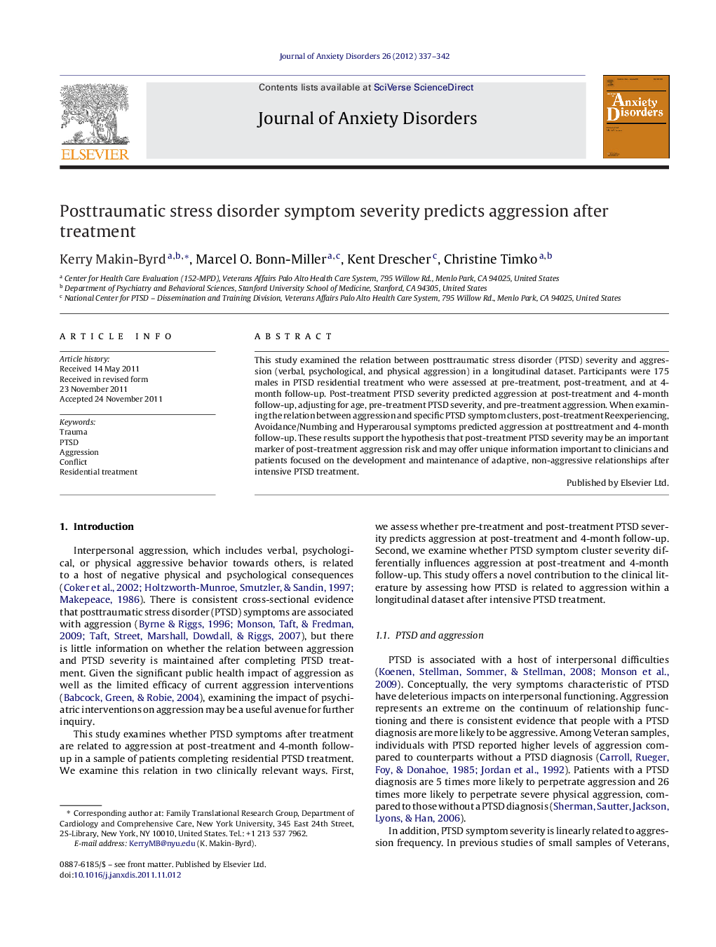 Posttraumatic stress disorder symptom severity predicts aggression after treatment