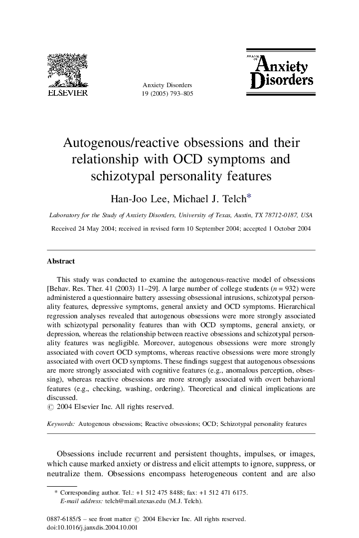 Autogenous/reactive obsessions and their relationship with OCD symptoms and schizotypal personality features
