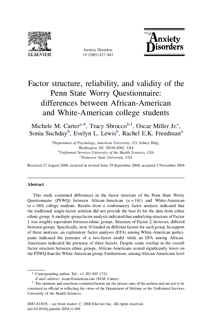 Factor structure, reliability, and validity of the Penn State Worry Questionnaire: differences between African-American and White-American college students