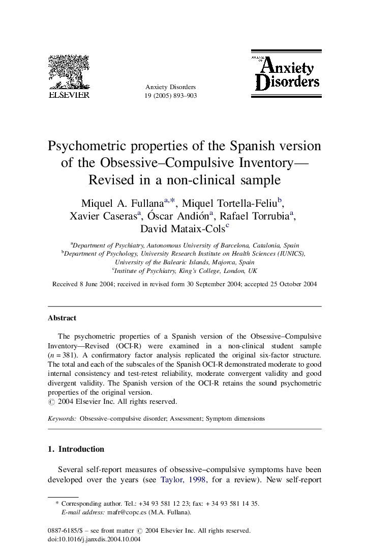 Psychometric properties of the Spanish version of the Obsessive-Compulsive Inventory-Revised in a non-clinical sample