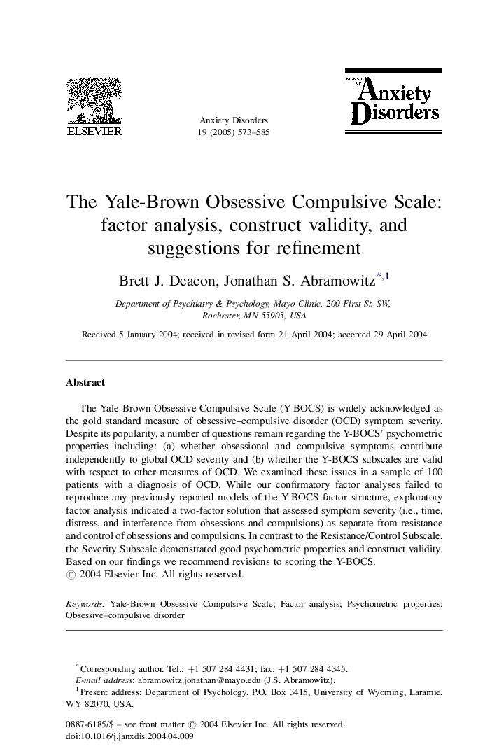 The Yale-Brown Obsessive Compulsive Scale: factor analysis, construct validity, and suggestions for refinement