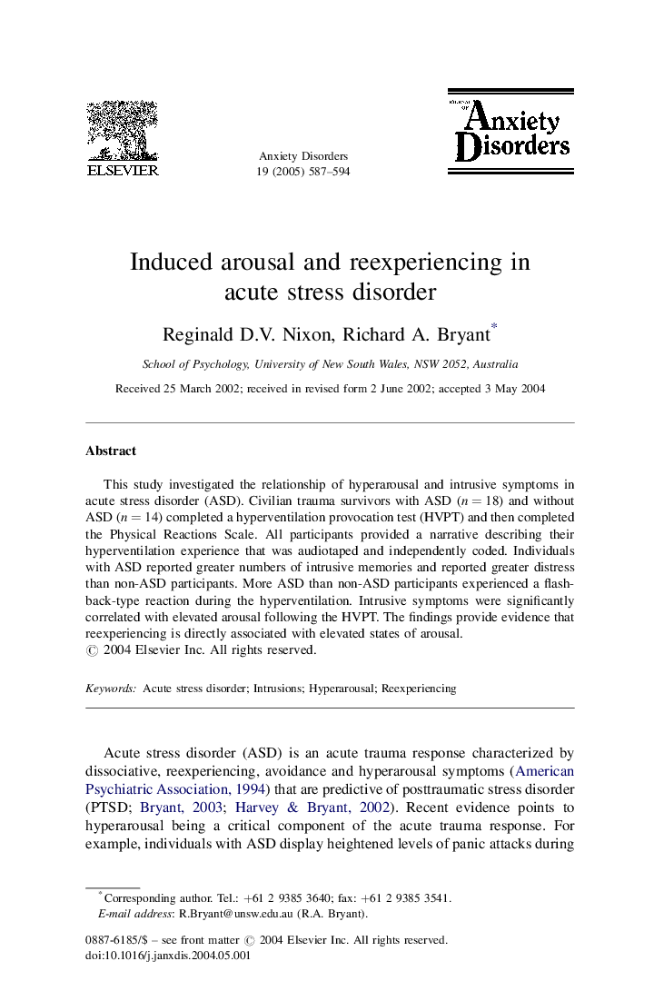 Induced arousal and reexperiencing in acute stress disorder