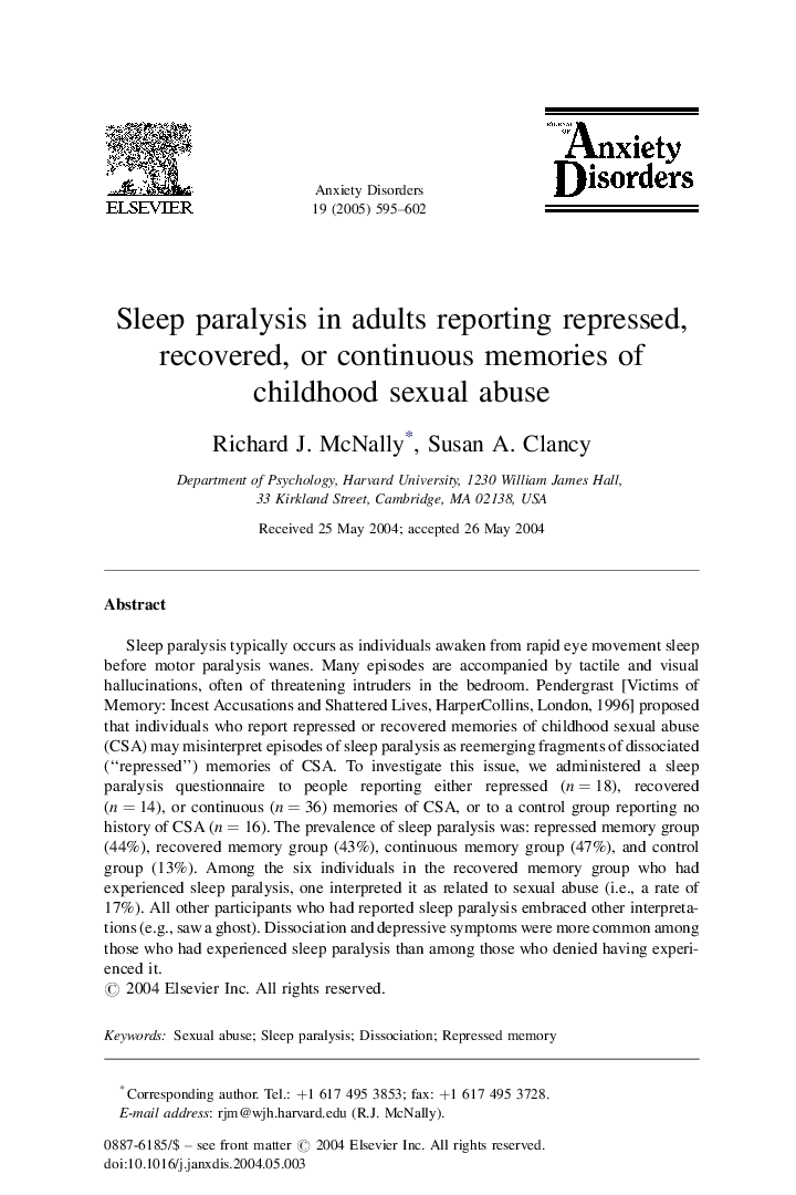 Sleep paralysis in adults reporting repressed, recovered, or continuous memories of childhood sexual abuse