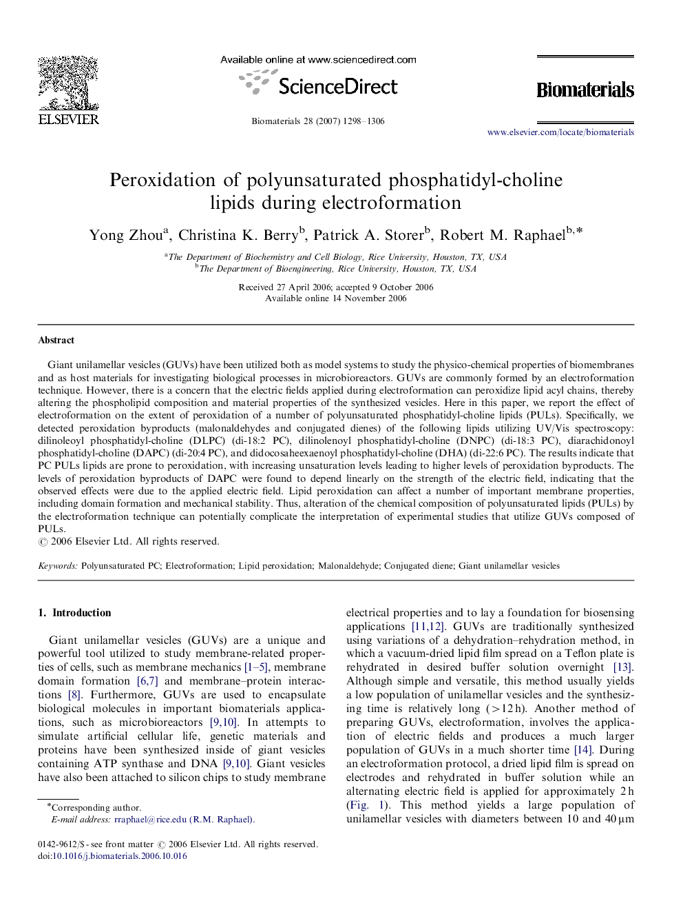 Peroxidation of polyunsaturated phosphatidyl-choline lipids during electroformation