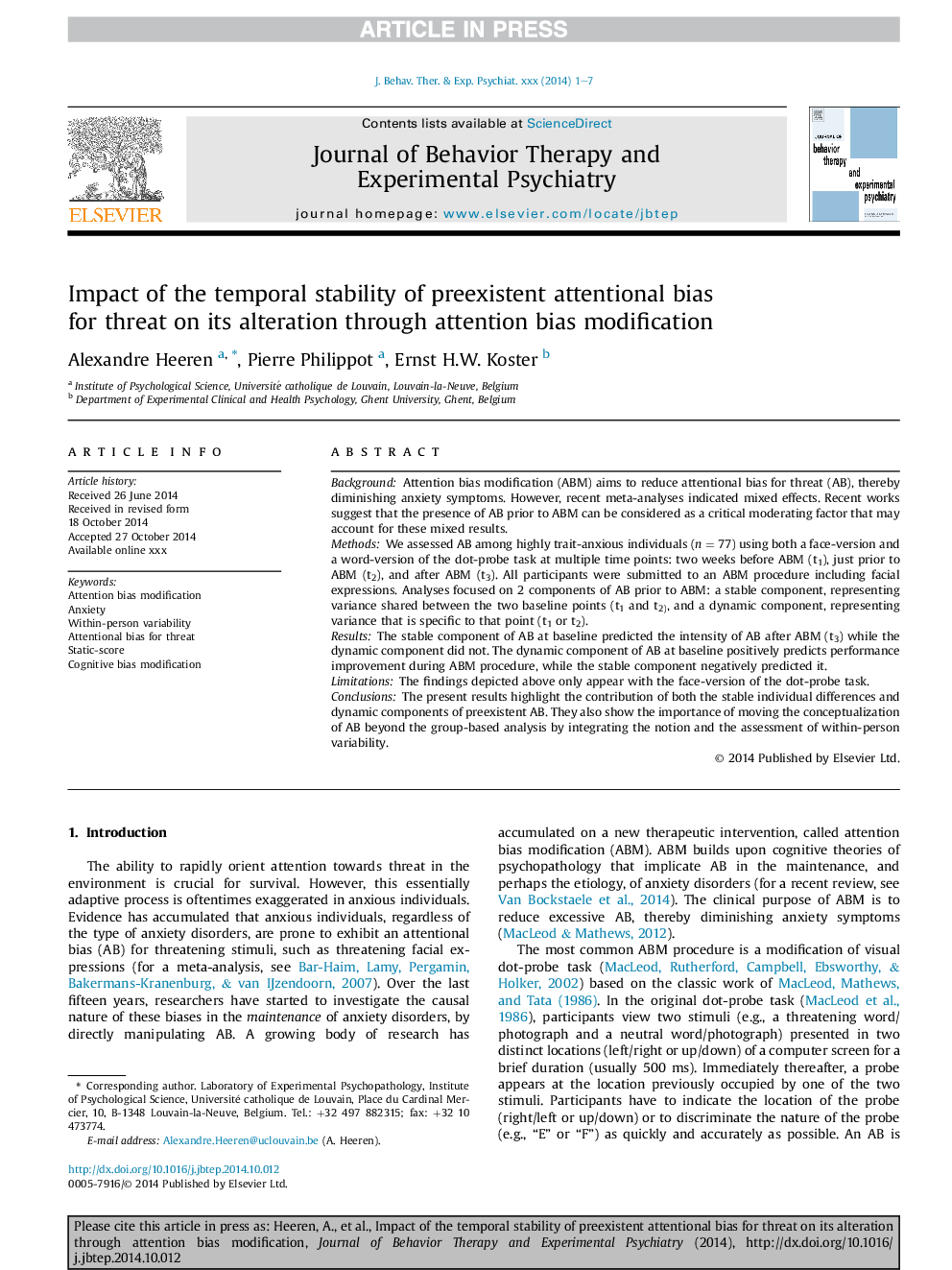 Impact of the temporal stability of preexistent attentional bias for threat on its alteration through attention bias modification