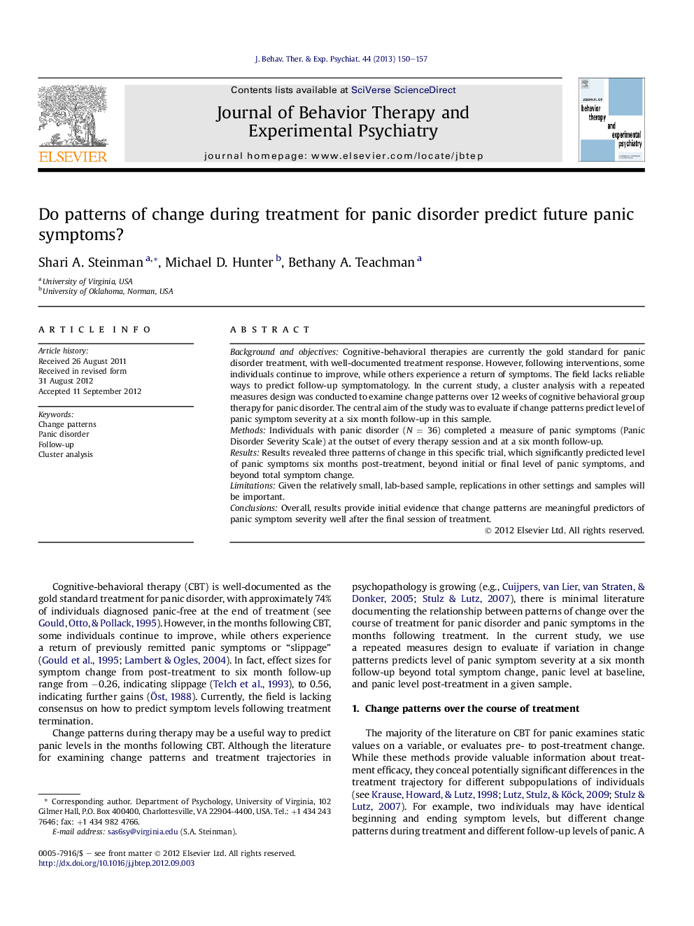 Do patterns of change during treatment for panic disorder predict future panic symptoms?