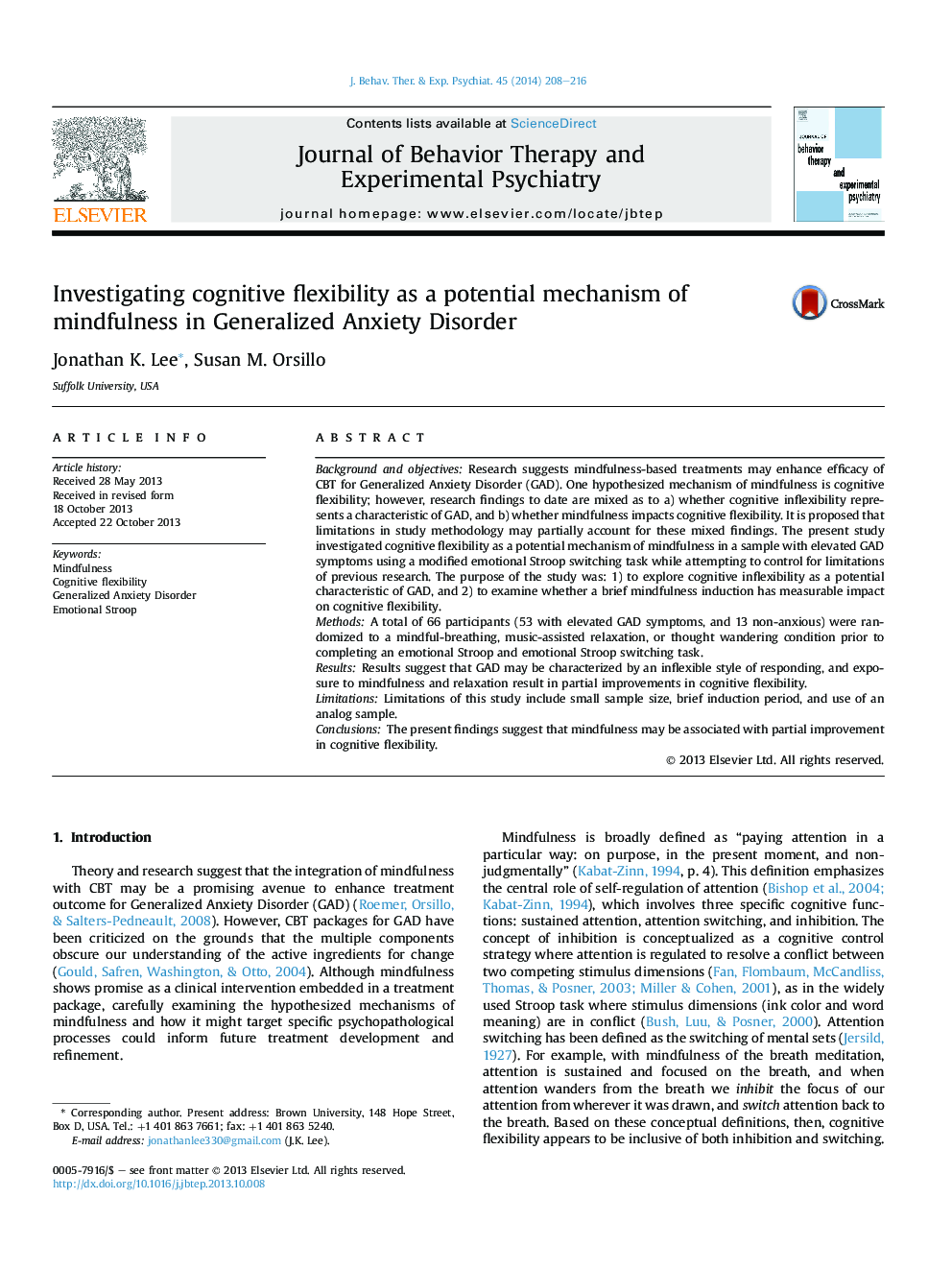 Investigating cognitive flexibility as a potential mechanism of mindfulness in Generalized Anxiety Disorder