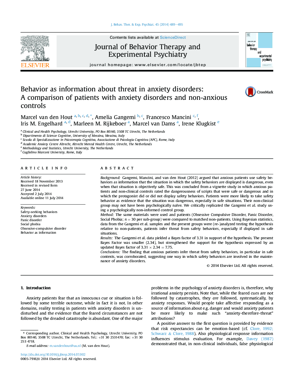 Behavior as information about threat in anxiety disorders: A comparison of patients with anxiety disorders and non-anxious controls