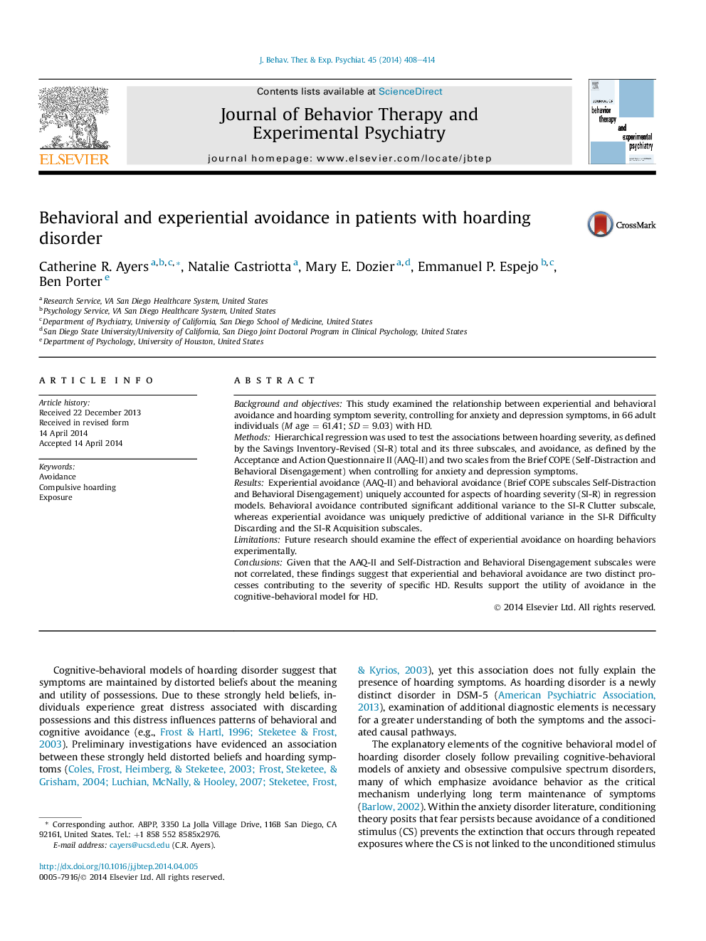 Behavioral and experiential avoidance in patients with hoarding disorder