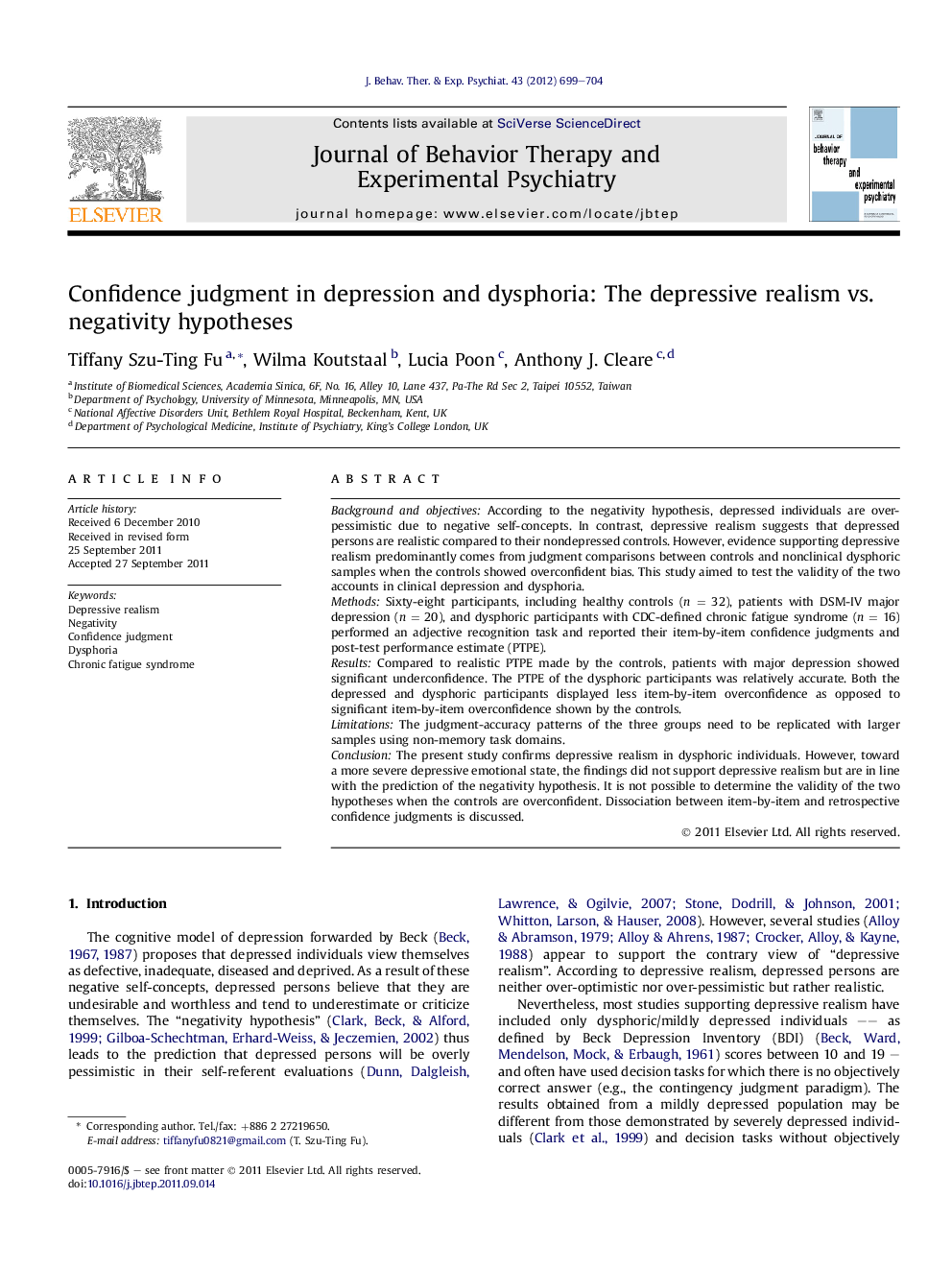 Confidence judgment in depression and dysphoria: The depressive realism vs. negativity hypotheses