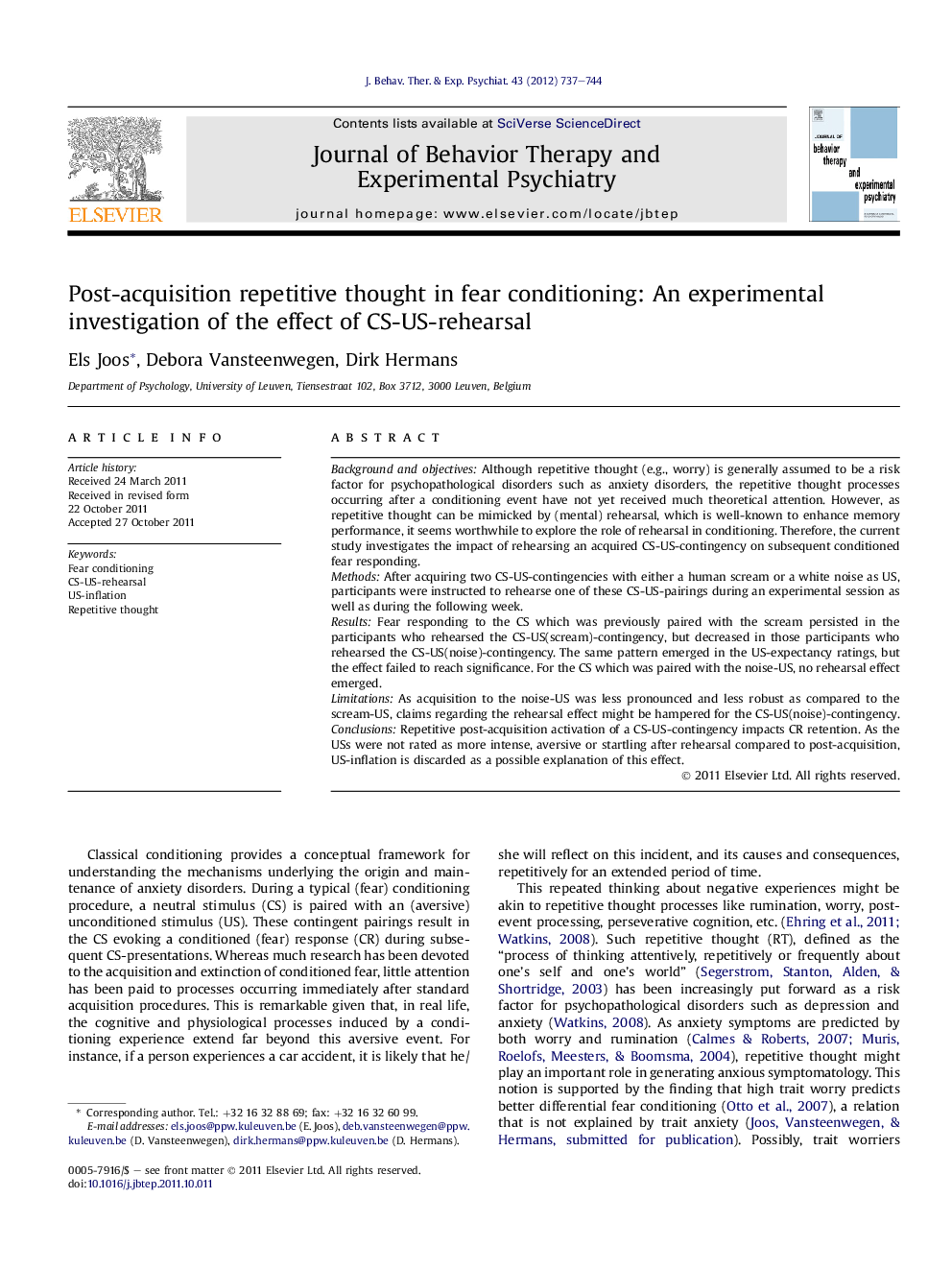 Post-acquisition repetitive thought in fear conditioning: An experimental investigation of the effect of CS-US-rehearsal