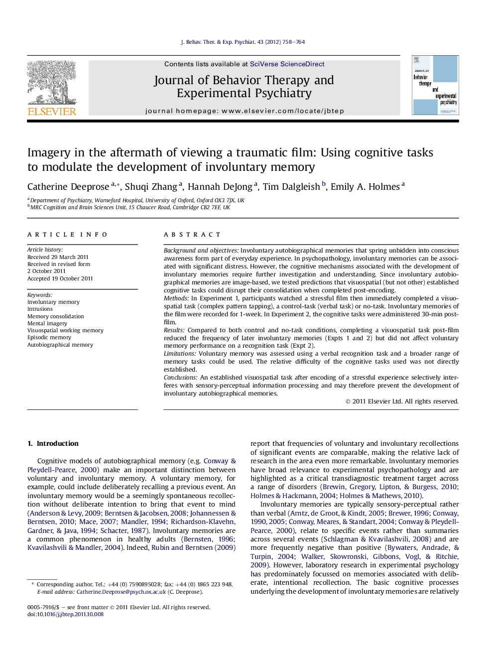 Imagery in the aftermath of viewing a traumatic film: Using cognitive tasks to modulate the development of involuntary memory