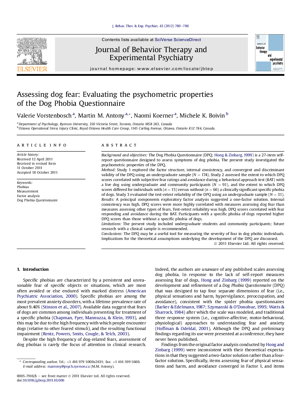 Assessing dog fear: Evaluating the psychometric properties of the Dog Phobia Questionnaire