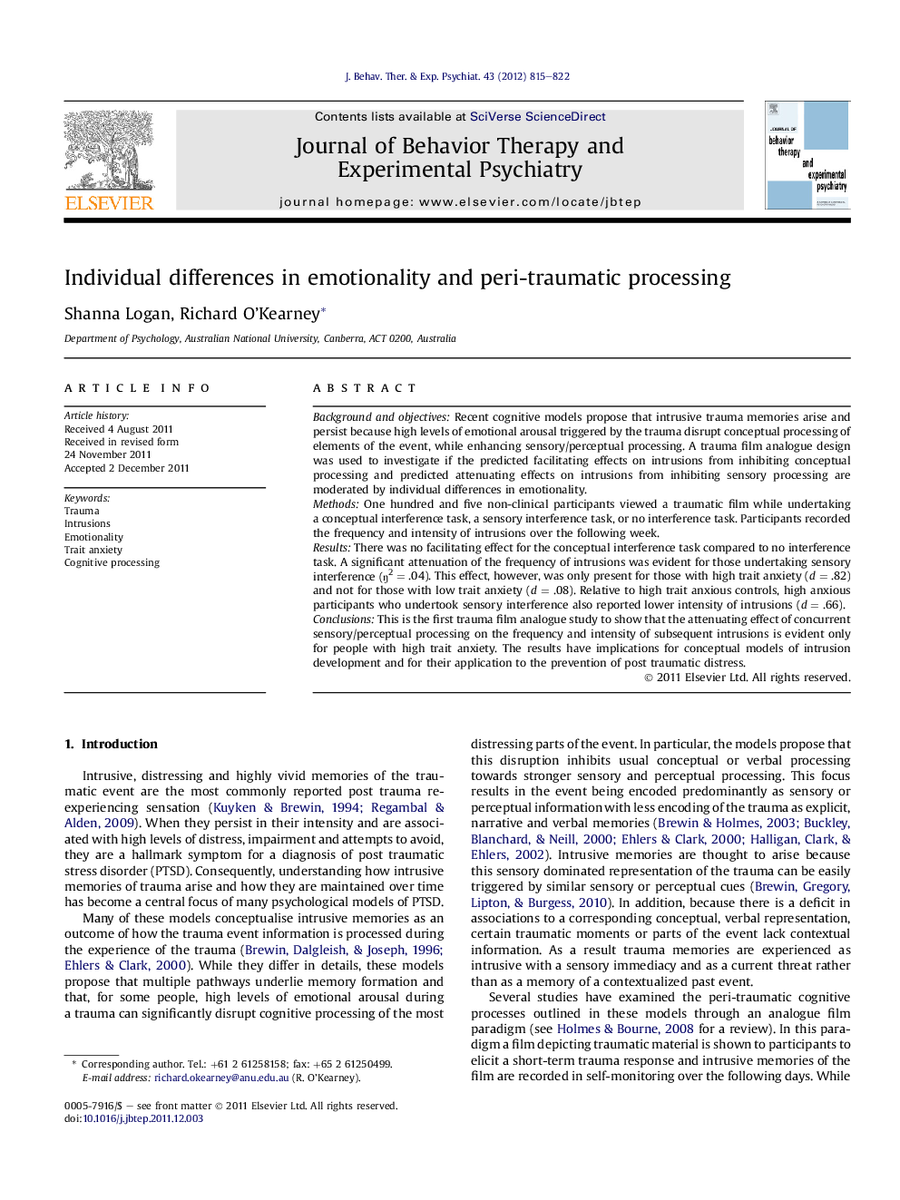 Individual differences in emotionality and peri-traumatic processing