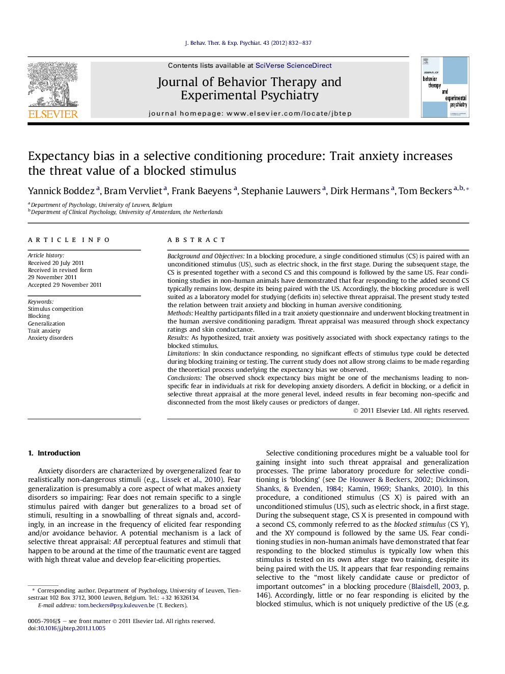 Expectancy bias in a selective conditioning procedure: Trait anxiety increases the threat value of a blocked stimulus