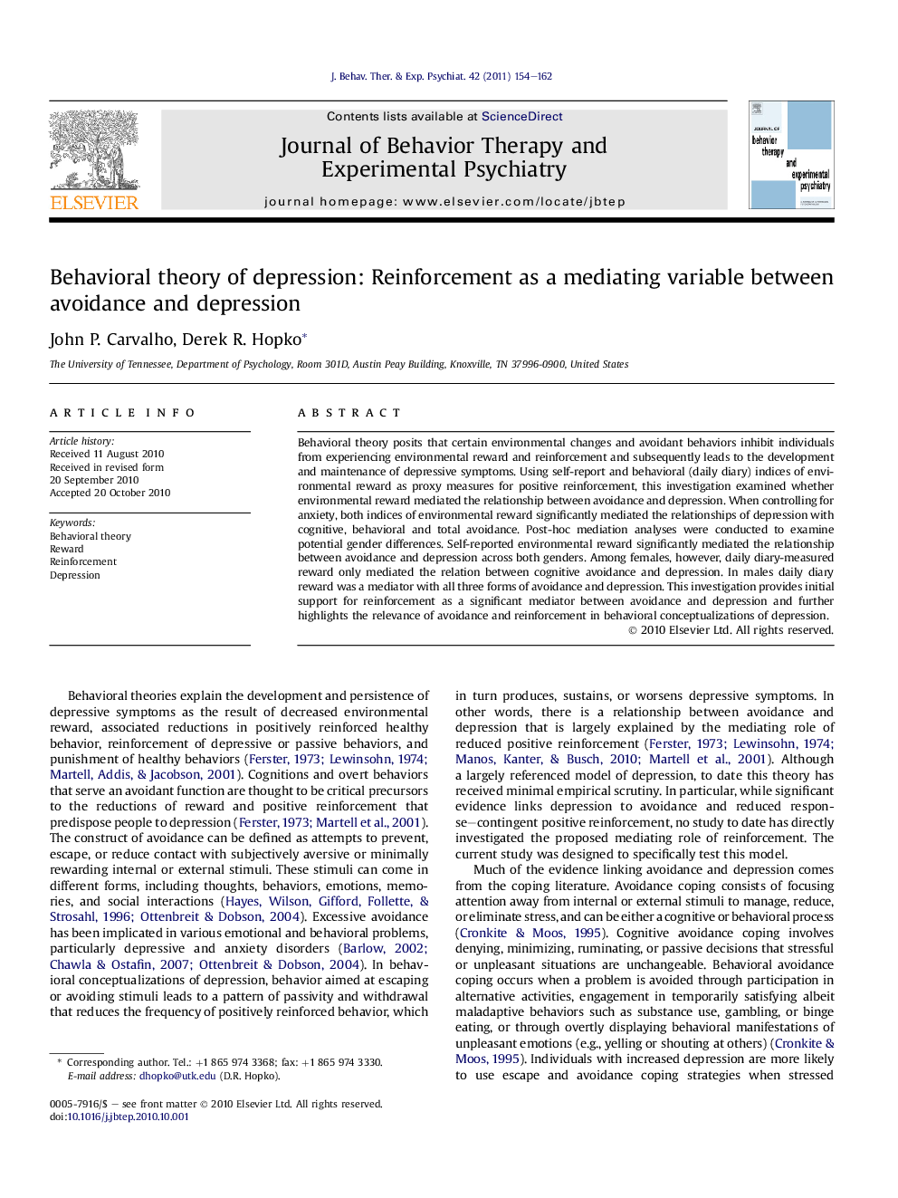 Behavioral theory of depression: Reinforcement as a mediating variable between avoidance and depression