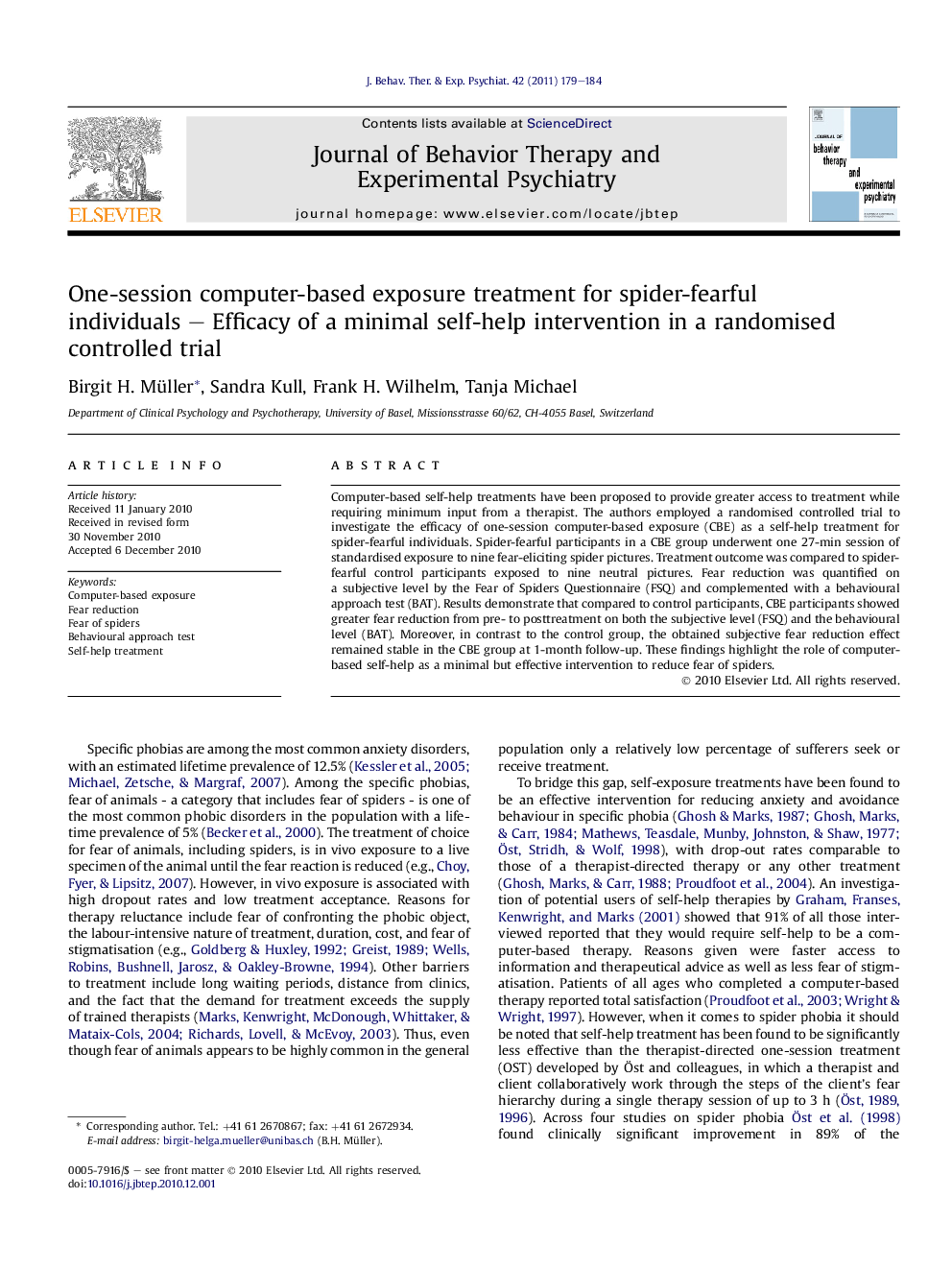 One-session computer-based exposure treatment for spider-fearful individuals - Efficacy of a minimal self-help intervention in a randomised controlled trial