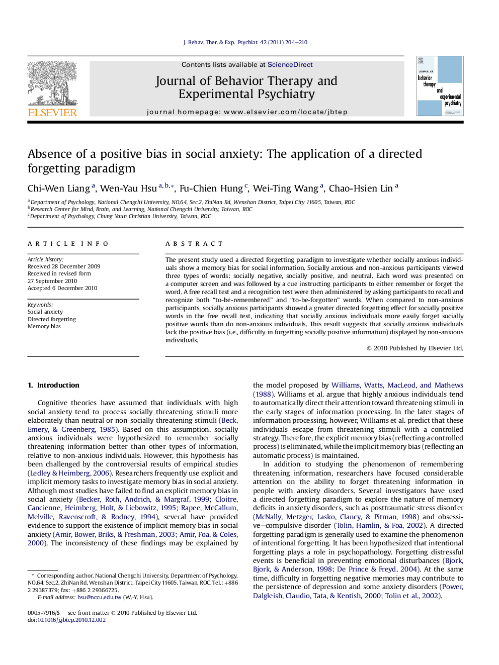 Absence of a positive bias in social anxiety: The application of a directed forgetting paradigm